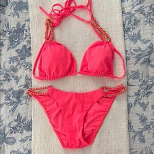 Vibrant Pink Bikini with Gold Chain Detail